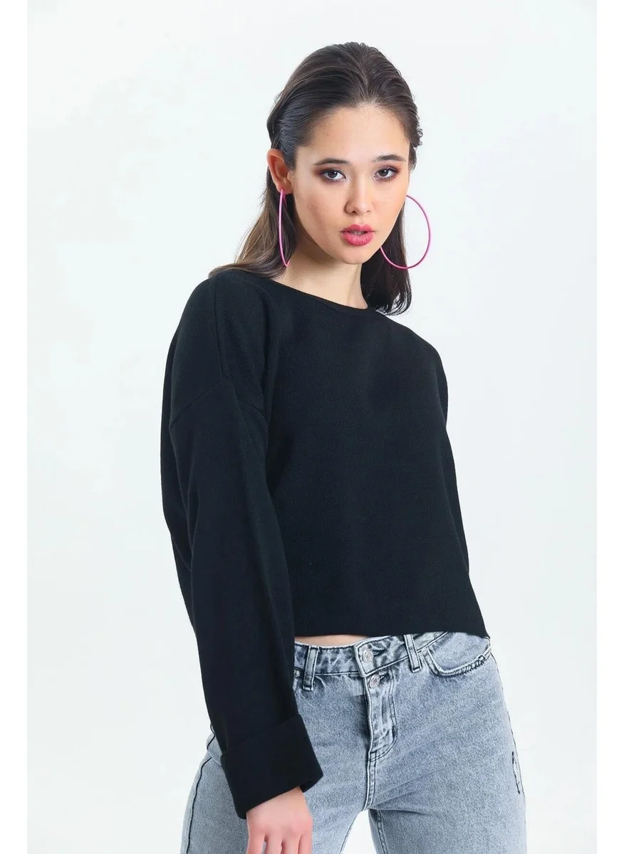 Tena Women's Black Crew Neck Sleeve Fold-Up Sweater