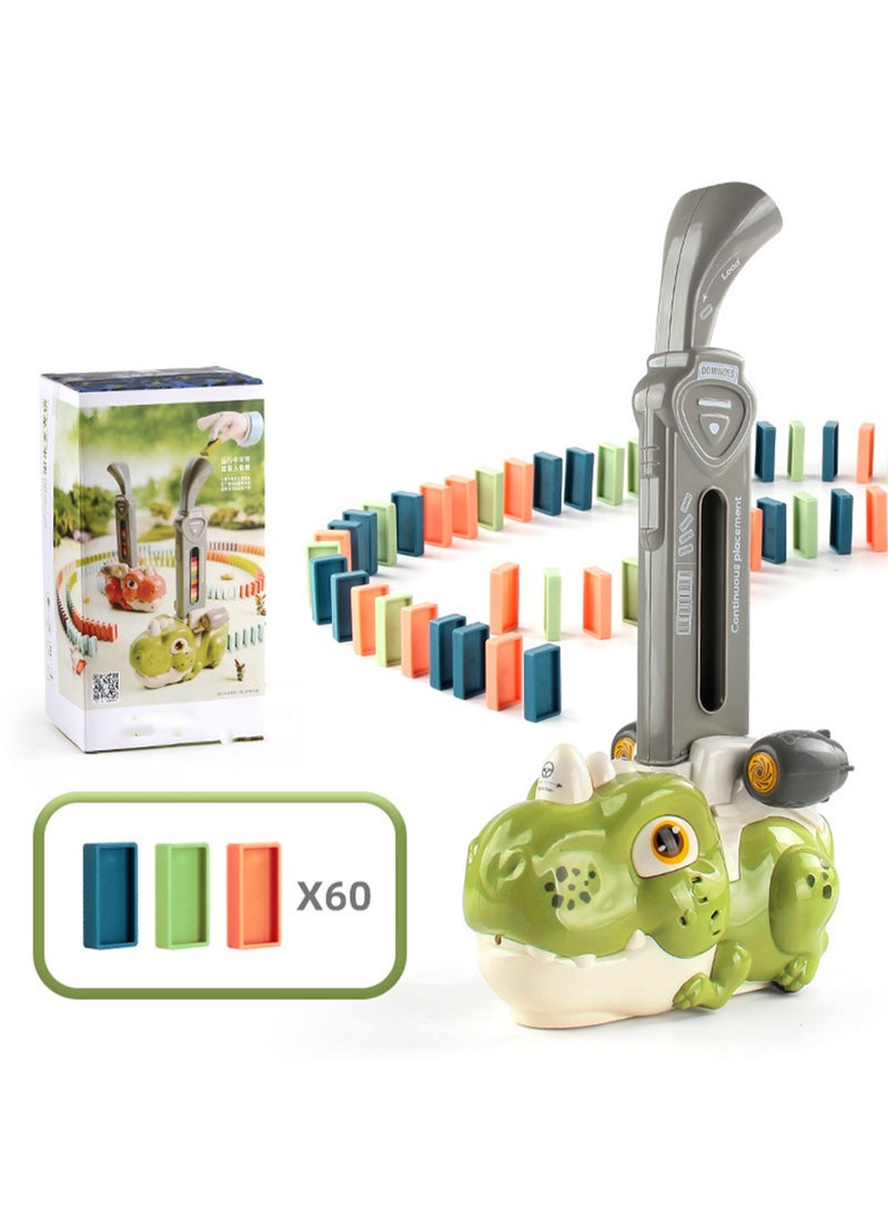 Electric Dinosaur Domino Train with Sound and Light Automatic Dealing 60 Dominoes Building Block Toys Without Batteries (Green)  - Image 1