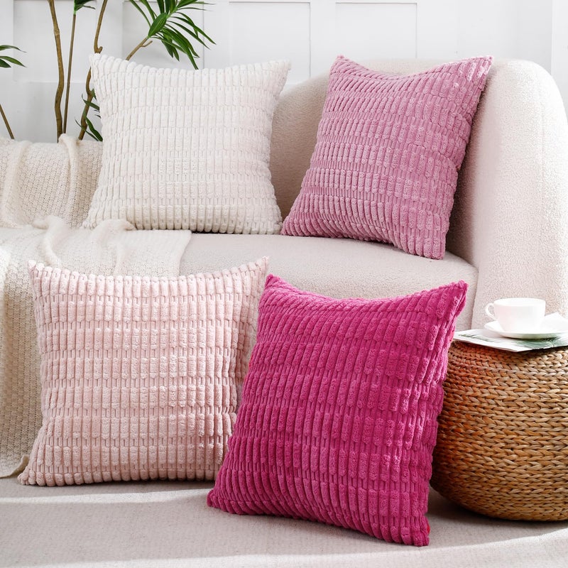 All Smiles Decorative Pink Throw Pillow Covers 18x18 Set of 4 Farmhouse Rustic Boho Home Decor Soft Plush Striped Corduroy Square Cushion Case for Living Room Couch Bed Sofaï¼ŒHot Pink Cream