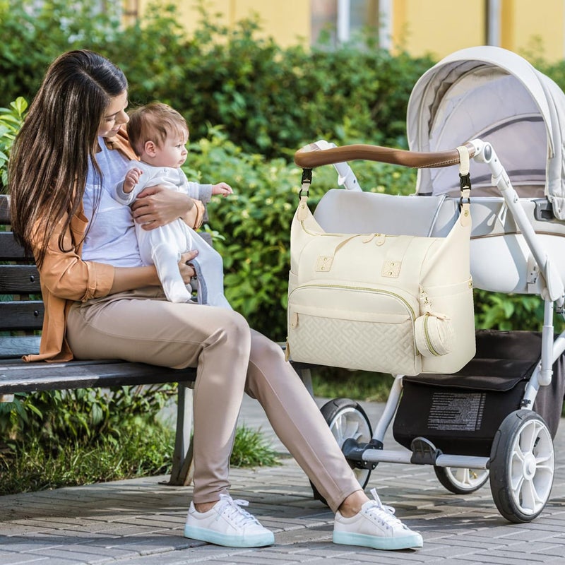 Tenot Diaper Bag Tote, Baby Bag Travel Diaper Tote Bag with Pacifier Case, Cute Maternity Hospital Baby Stylish Diaper Tote for Mom Dad Beige - Image 4