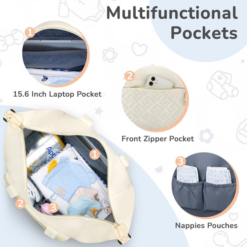 Tenot Diaper Bag Tote, Baby Bag Travel Diaper Tote Bag with Pacifier Case, Cute Maternity Hospital Baby Stylish Diaper Tote for Mom Dad Beige - Image 3