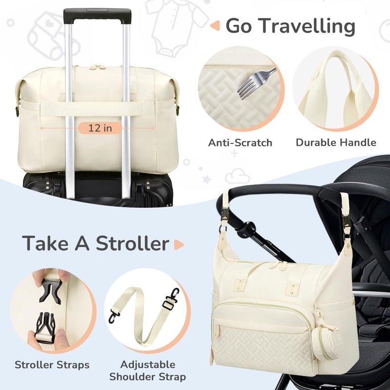 Tenot Diaper Bag Tote, Baby Bag Travel Diaper Tote Bag with Pacifier Case, Cute Maternity Hospital Baby Stylish Diaper Tote for Mom Dad Beige - Image 5