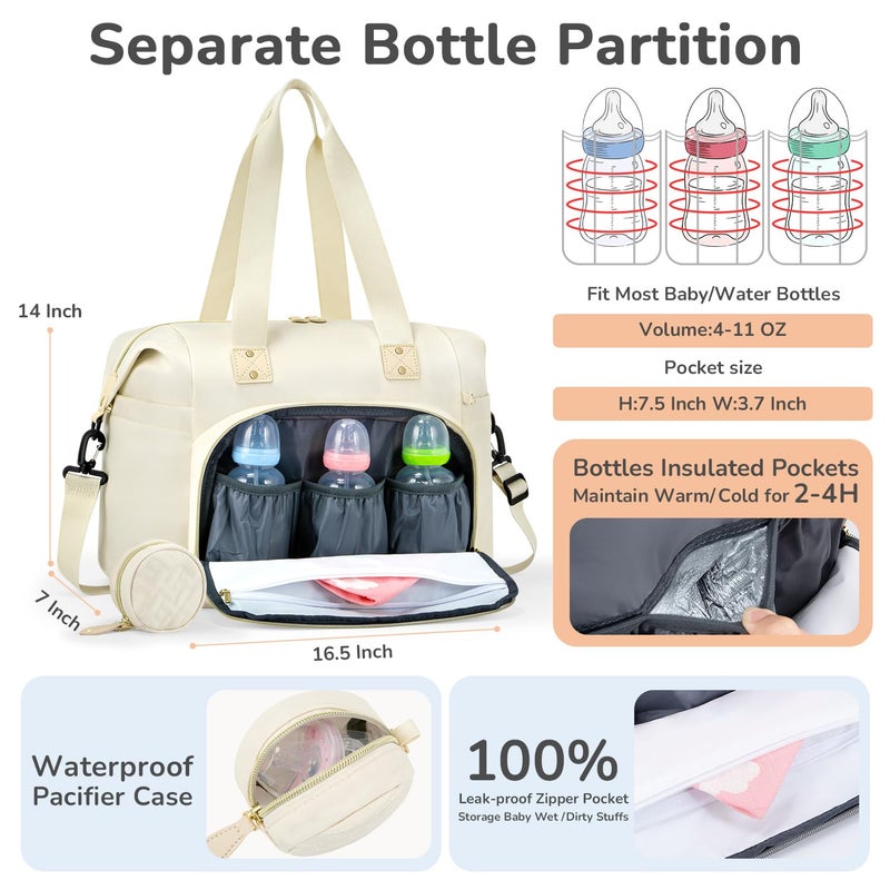 Tenot Diaper Bag Tote, Baby Bag Travel Diaper Tote Bag with Pacifier Case, Cute Maternity Hospital Baby Stylish Diaper Tote for Mom Dad Beige - Image 2