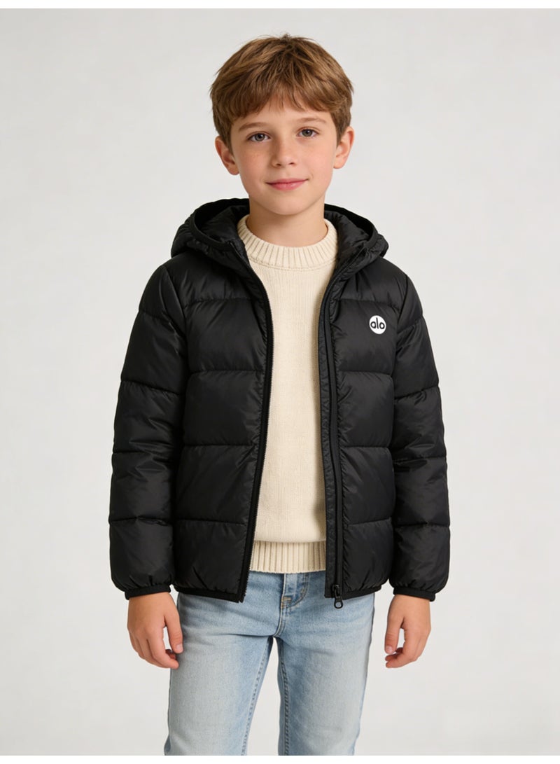 Alo Yoga Boys' Black Short Puffer Jacket with Attached Hood & White 'alo' Logo - Image 5
