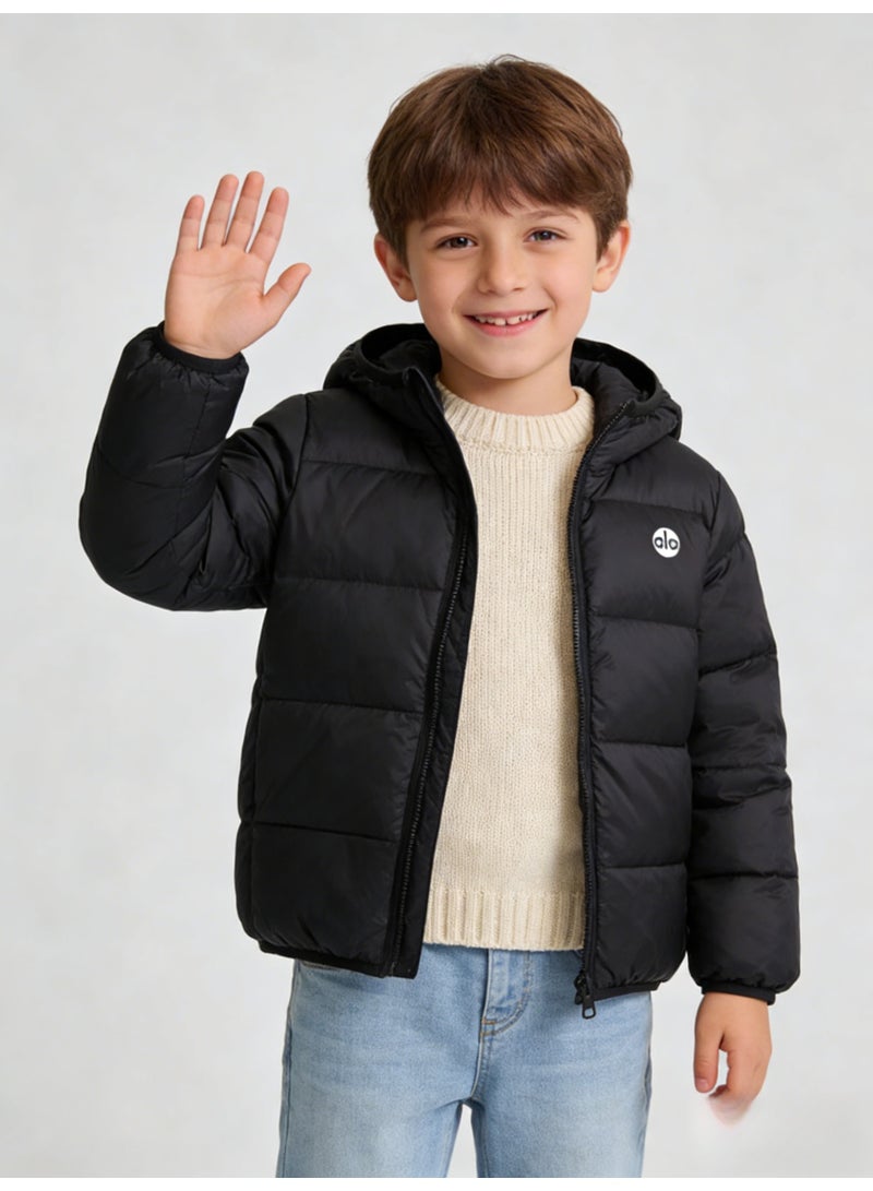 Alo Yoga Boys' Black Short Puffer Jacket with Attached Hood & White 'alo' Logo - Image 4