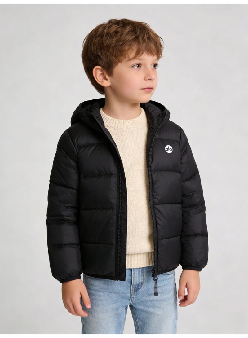 Alo Yoga Boys' Black Short Puffer Jacket with Attached Hood & White 'alo' Logo - Image 1