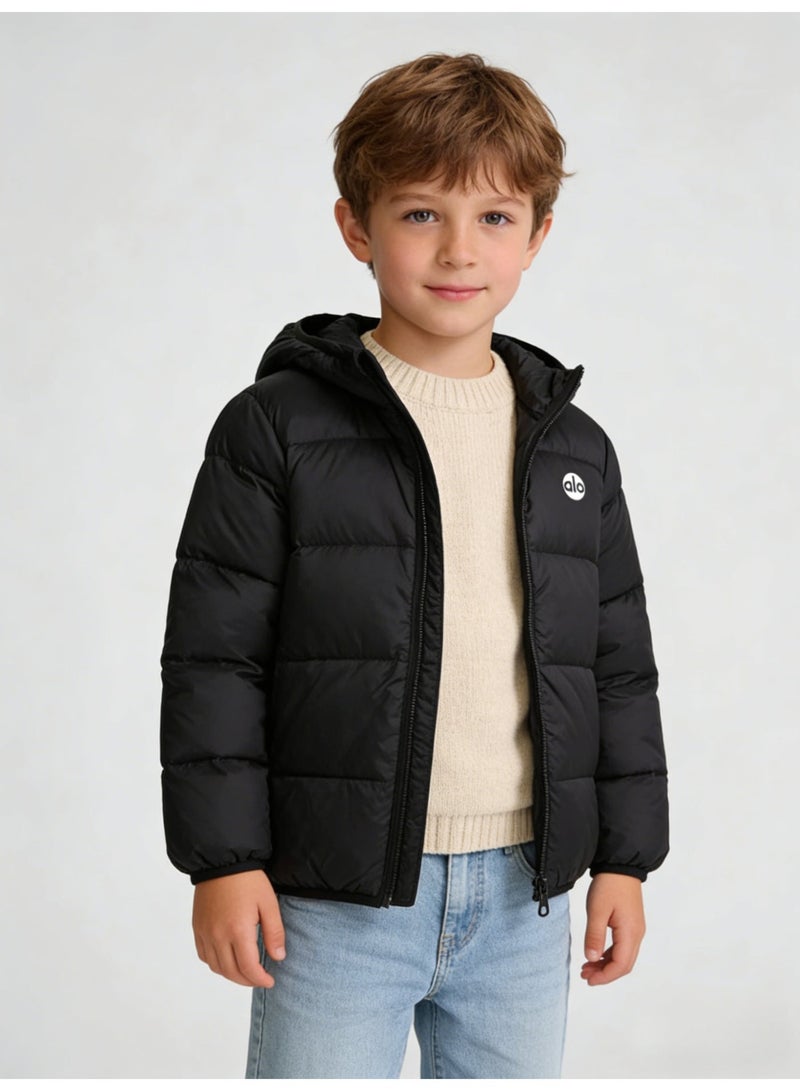 Alo Yoga Boys' Black Short Puffer Jacket with Attached Hood & White 'alo' Logo - Image 2