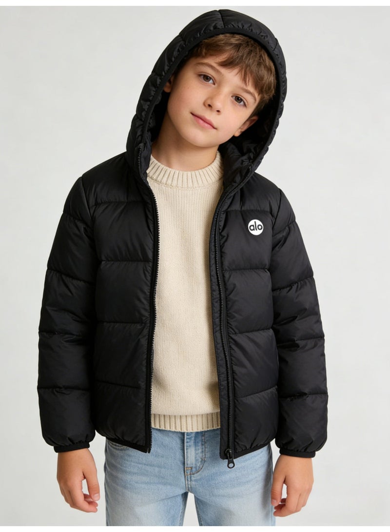 Alo Yoga Boys' Black Short Puffer Jacket with Attached Hood & White 'alo' Logo - Image 3
