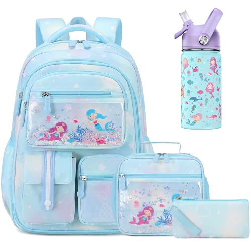 ACESAK Kids School Backpack for Girls Mermaids Bookbag Backpack with 14OZ Water Bottle Lunch Bag Set for GirlsTeens Middle Student Girls Backpacks for School 4pcs Water Bottle - Image 1