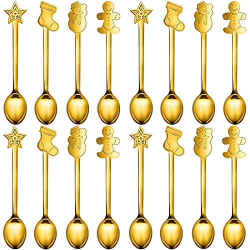 Remerry 16 Pieces Christmas Spoon for coffee Creative Stainless Steel Stirring Spoon Bulk for Soup Dessert 4 StylesGold - Image 1