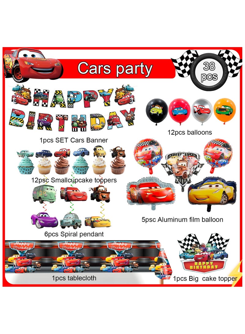 FRUITFUL PARTY Lightning McQueen Birthday Party Supplies, 38 Pcs Car Theme Party Decorations Set Cars Birthday Decorations Banner Tablecloth Cars Balloons Cake Topper etc Lightning McQueen Party Supplies - Image 2