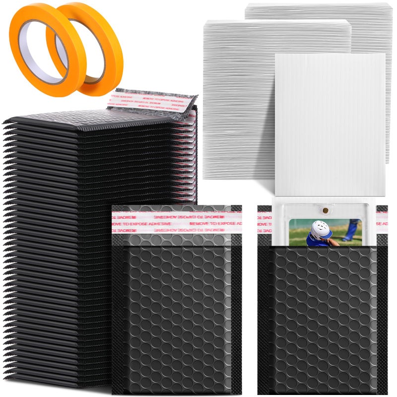 Engrowtic 302 Pcs Trading Card Shipping Protector Set Include 200 Precut Plastic Inserts Card Mailers 100 Poly Bubble Mailers Padded Envelopes and 2 Masking Tape(Black,5.1 x 5.9 Inch) - Image 1