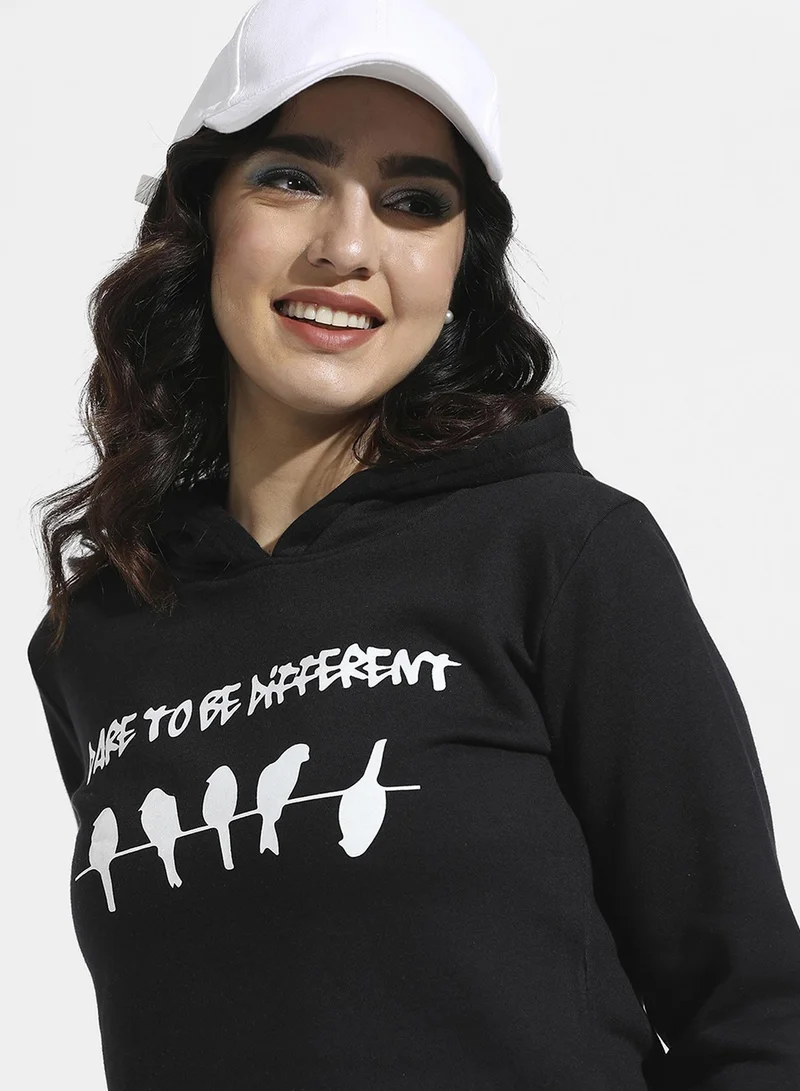 Campus Sutra Women's Onyx Black To-Be-Different Print Crop Hoodie