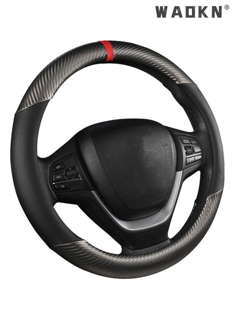 WAOKN Carbon Fiber Car Steering Wheel Cover, Universal 15 Inch 38cm Luxury Texture Non-Slip Steering Wheel Covers, Durable Wear-Resistant Leather Splicing Protector, All Season Use Car Interior Accessories Fit for Most Cars Trucks SUVs（Spliced Carbon Fiber (Black-Gray Color, O-Shape） - Image 1