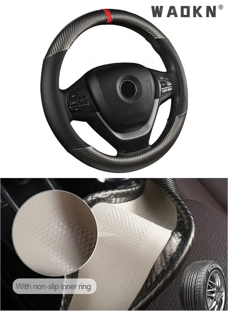 WAOKN Carbon Fiber Car Steering Wheel Cover, Universal 15 Inch 38cm Luxury Texture Non-Slip Steering Wheel Covers, Durable Wear-Resistant Leather Splicing Protector, All Season Use Car Interior Accessories Fit for Most Cars Trucks SUVs（Spliced Carbon Fiber (Black-Gray Color, O-Shape） - Image 3