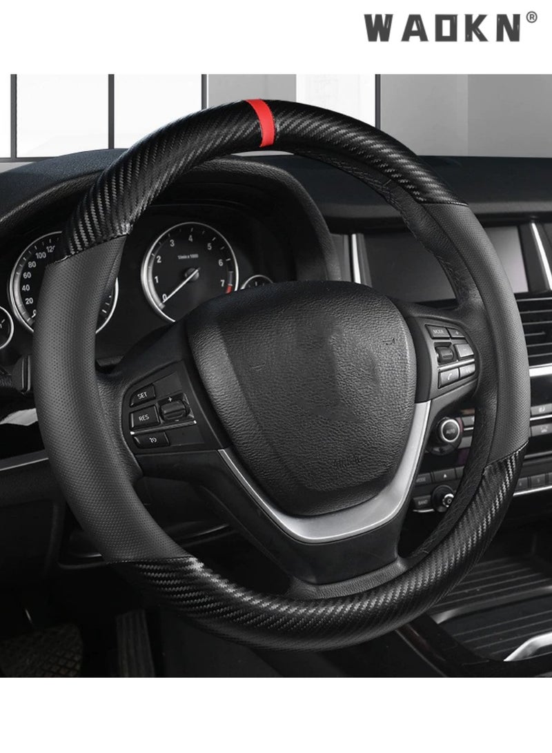 WAOKN Carbon Fiber Car Steering Wheel Cover, Universal 15 Inch 38cm Luxury Texture Non-Slip Steering Wheel Covers, Durable Wear-Resistant Leather Splicing Protector, All Season Use Car Interior Accessories Fit for Most Cars Trucks SUVs（Spliced Carbon Fiber (Black-Gray Color, O-Shape） - Image 2