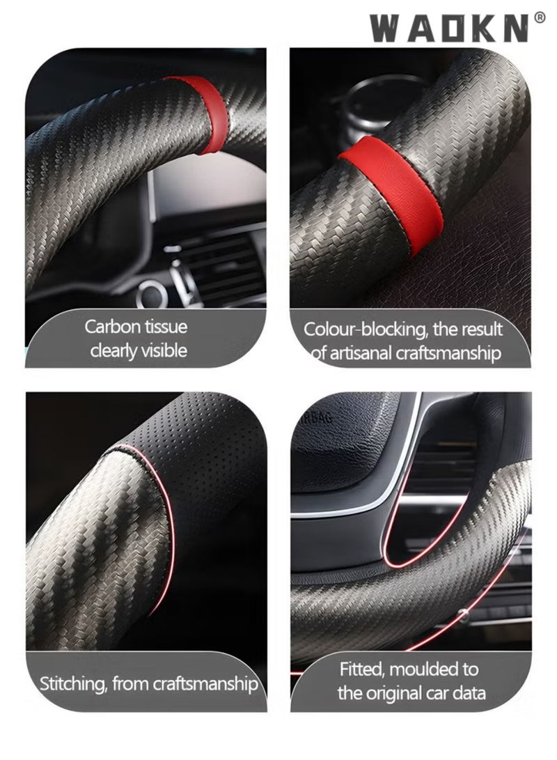 WAOKN Carbon Fiber Car Steering Wheel Cover, Universal 15 Inch 38cm Luxury Texture Non-Slip Steering Wheel Covers, Durable Wear-Resistant Leather Splicing Protector, All Season Use Car Interior Accessories Fit for Most Cars Trucks SUVs（Spliced Carbon Fiber (Black-Gray Color, O-Shape） - Image 4