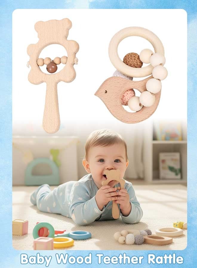 Sharpdo 2Pcs Wooden Baby Toys Set, Baby Rattle and Teething Rings for Newborn Infants Teething Relief - Image 1