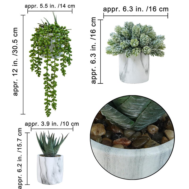Winlyn Winlyn Set of 3 Small Artificial Succulent Potted Plants Fake Aloe Hops String of Pearls in Modern Marble Ceramic Planter for Home Garden Bathroom Shelf Office Desk Tabletop Indoor Outdoor D?cor  - Image 2