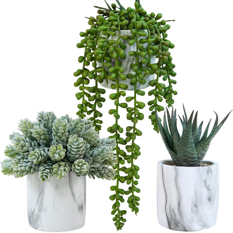 Winlyn Winlyn Set of 3 Small Artificial Succulent Potted Plants Fake Aloe Hops String of Pearls in Modern Marble Ceramic Planter for Home Garden Bathroom Shelf Office Desk Tabletop Indoor Outdoor D?cor  - Image 1