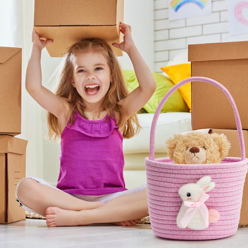 minstely Easter Bunny Basket for Kids â€“ Soft & Durable Woven Cotton Rope Design with Handle, Baby Gift Basket for Boys, Girls, Toddler, Infant, Ideal for Easter Egg Hunts or Christmas Gifts (Pink) - Image 2