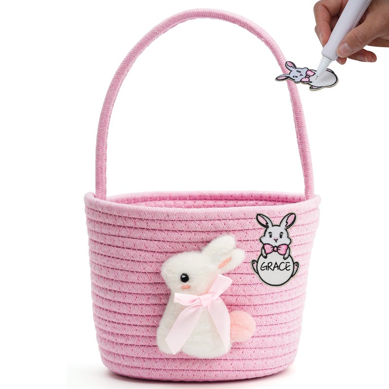 minstely Easter Bunny Basket for Kids â€“ Soft & Durable Woven Cotton Rope Design with Handle, Baby Gift Basket for Boys, Girls, Toddler, Infant, Ideal for Easter Egg Hunts or Christmas Gifts (Pink) - Image 1