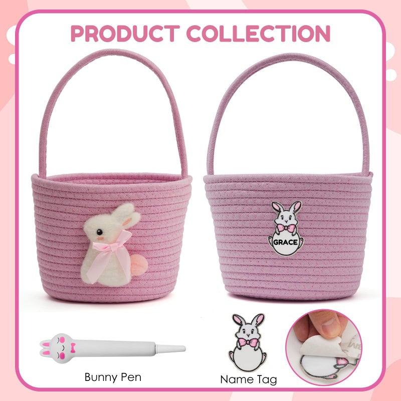 minstely Easter Bunny Basket for Kids â€“ Soft & Durable Woven Cotton Rope Design with Handle, Baby Gift Basket for Boys, Girls, Toddler, Infant, Ideal for Easter Egg Hunts or Christmas Gifts (Pink) - Image 3