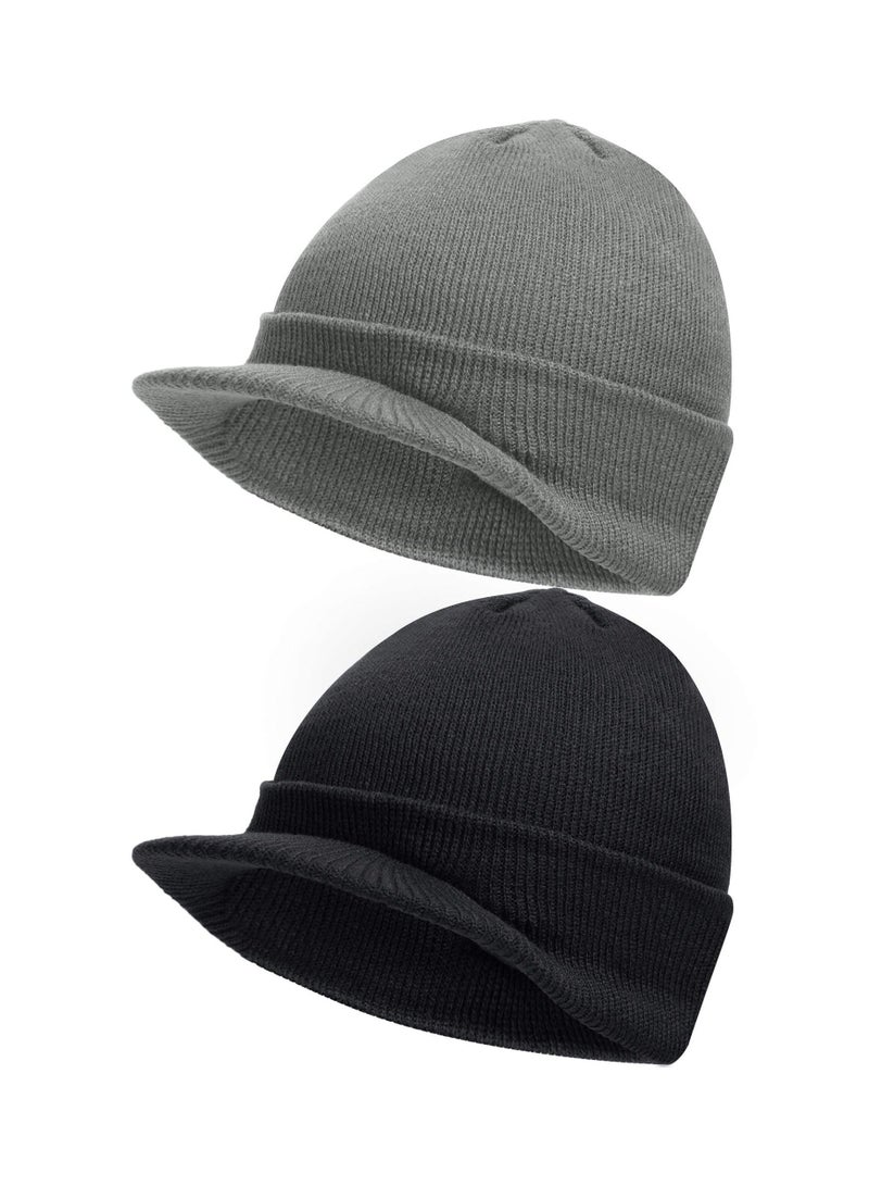 Y&D 2Pcs Winter Men's Knit Cap with Brim Beanie Hat Warm Thick Hat, Fleece cap Visor - Men Women Earflap Skull Watch for Outdoor (Black & Grey, Fit Size: 8 x 21-23in) - Image 1