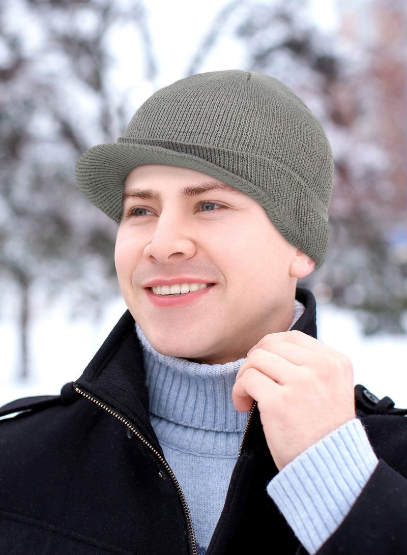 Y&D 2Pcs Winter Men's Knit Cap with Brim Beanie Hat Warm Thick Hat, Fleece cap Visor - Men Women Earflap Skull Watch for Outdoor (Black & Grey, Fit Size: 8 x 21-23in) - Image 3