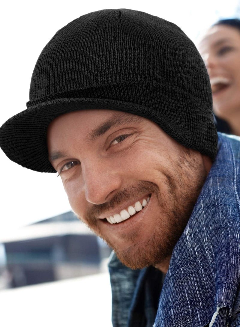 Y&D 2Pcs Winter Men's Knit Cap with Brim Beanie Hat Warm Thick Hat, Fleece cap Visor - Men Women Earflap Skull Watch for Outdoor (Black & Grey, Fit Size: 8 x 21-23in) - Image 4