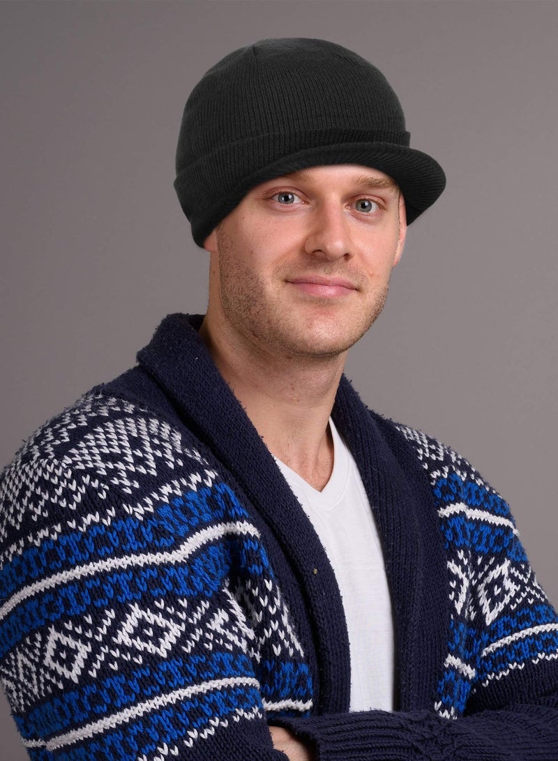Y&D 2Pcs Winter Men's Knit Cap with Brim Beanie Hat Warm Thick Hat, Fleece cap Visor - Men Women Earflap Skull Watch for Outdoor (Black & Grey, Fit Size: 8 x 21-23in) - Image 5