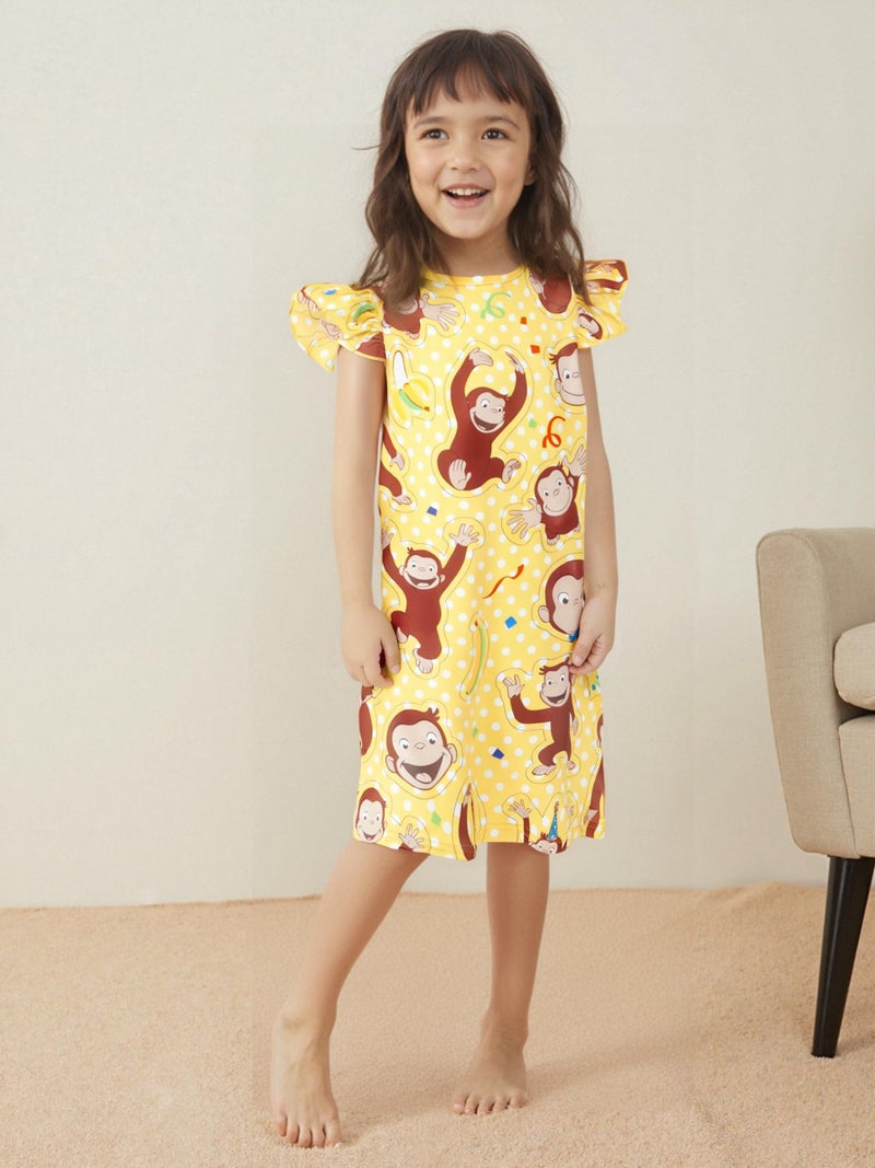 Difforever Toddler Girls Curious Monkey Gown Dress Kids Flutter Sleeves Cartoon Birthday Party Oufits Wear 2-6 Years Yellow - Image 2