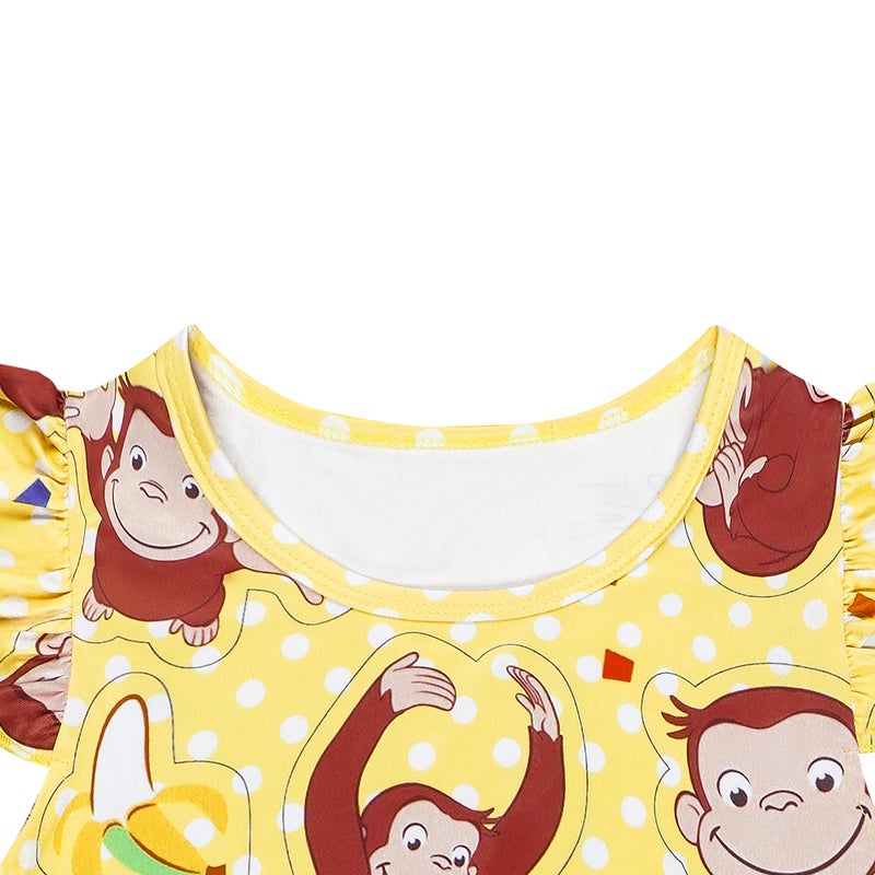 Difforever Toddler Girls Curious Monkey Gown Dress Kids Flutter Sleeves Cartoon Birthday Party Oufits Wear 2-6 Years Yellow - Image 4