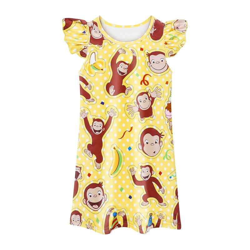 Difforever Toddler Girls Curious Monkey Gown Dress Kids Flutter Sleeves Cartoon Birthday Party Oufits Wear 2-6 Years Yellow - Image 1