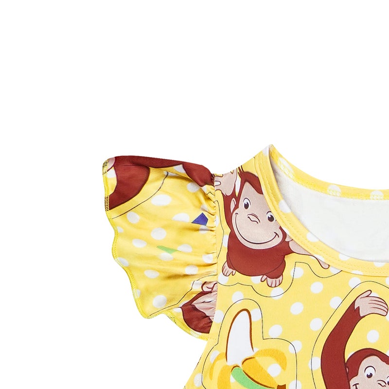 Difforever Toddler Girls Curious Monkey Gown Dress Kids Flutter Sleeves Cartoon Birthday Party Oufits Wear 2-6 Years Yellow - Image 5