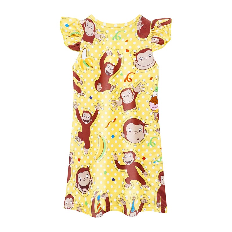 Difforever Toddler Girls Curious Monkey Gown Dress Kids Flutter Sleeves Cartoon Birthday Party Oufits Wear 2-6 Years Yellow - Image 3