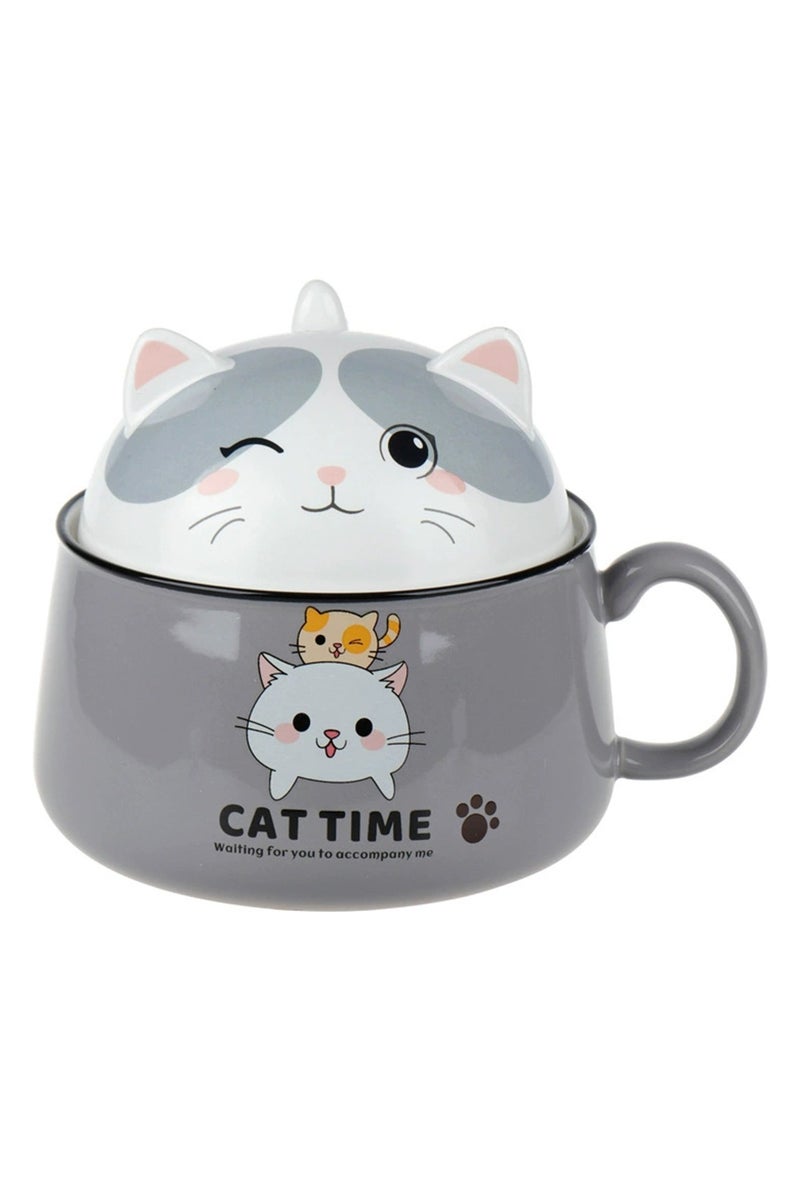 هانغهايجيا أطباق رامين فورية على شكل قطة لطيفة مع غطاء ومقبض ، تصميم ذكي لوعاء حساء كبير الحجم بسعة 1020 ملليلتر مصنوع من السيراميك وآمن للاستخدام في الميكروويف - Image 1