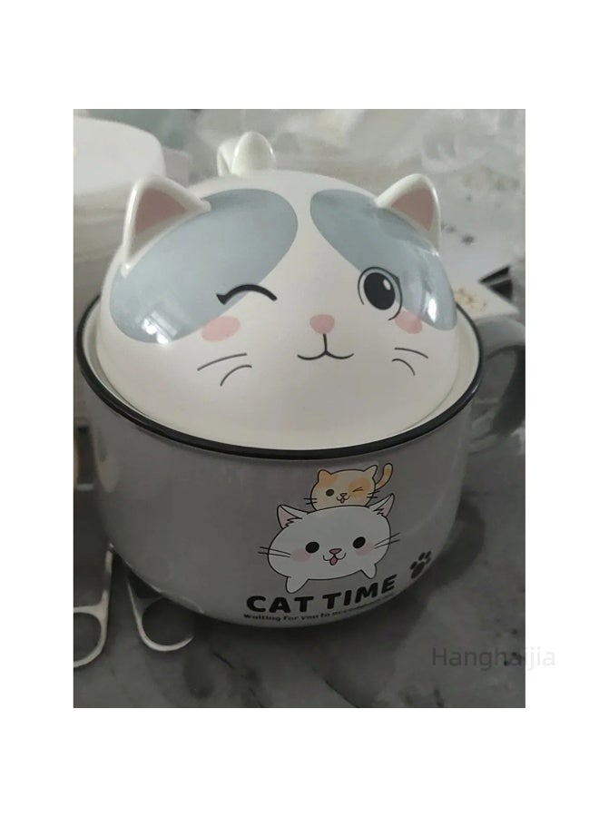 هانغهايجيا أطباق رامين فورية على شكل قطة لطيفة مع غطاء ومقبض ، تصميم ذكي لوعاء حساء كبير الحجم بسعة 1020 ملليلتر مصنوع من السيراميك وآمن للاستخدام في الميكروويف - Image 4