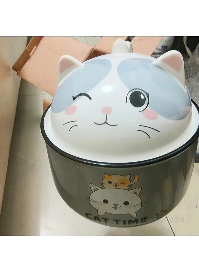 هانغهايجيا أطباق رامين فورية على شكل قطة لطيفة مع غطاء ومقبض ، تصميم ذكي لوعاء حساء كبير الحجم بسعة 1020 ملليلتر مصنوع من السيراميك وآمن للاستخدام في الميكروويف - Image 3