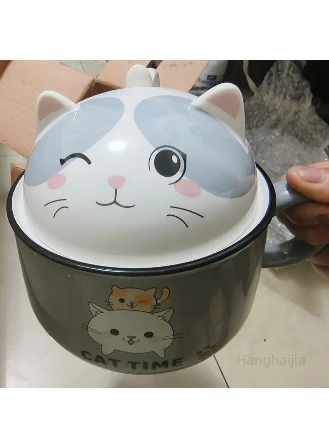 هانغهايجيا أطباق رامين فورية على شكل قطة لطيفة مع غطاء ومقبض ، تصميم ذكي لوعاء حساء كبير الحجم بسعة 1020 ملليلتر مصنوع من السيراميك وآمن للاستخدام في الميكروويف - Image 2