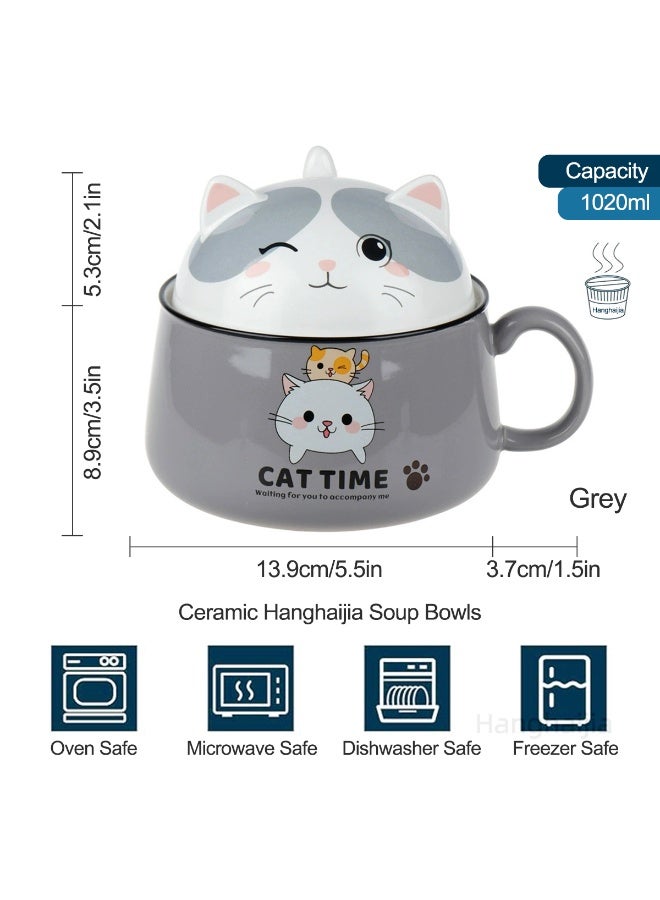 هانغهايجيا أطباق رامين فورية على شكل قطة لطيفة مع غطاء ومقبض ، تصميم ذكي لوعاء حساء كبير الحجم بسعة 1020 ملليلتر مصنوع من السيراميك وآمن للاستخدام في الميكروويف - Image 5