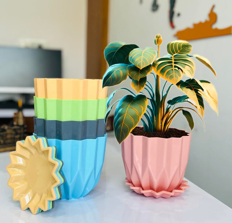 TechHark® Crystal Flower Pots with Tray for Home & Decoration Planters, Terrace, Garden Plant Container Set (Pack of 5, Plastic) - Image 1