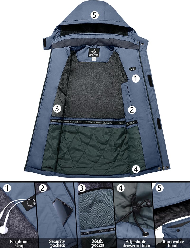 GEMYSE Men's Ski Snow Jacket Warm Winter Waterproof Coat Snowboard Rain Jacket Hooded Windproof Windbreakerï¼ˆHaze Blue,Mediumï¼‰ - Image 5