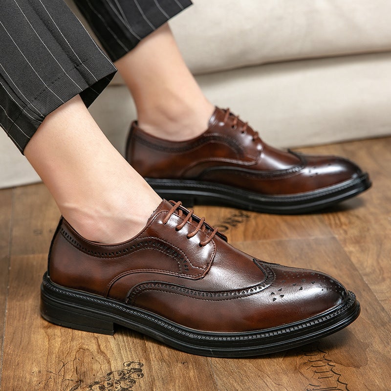 2024 Men'S Black Business Dress Leather Shoes Men'S Platform Casual British-Style Brock Carved Groom Wedding Shoes - Image 2
