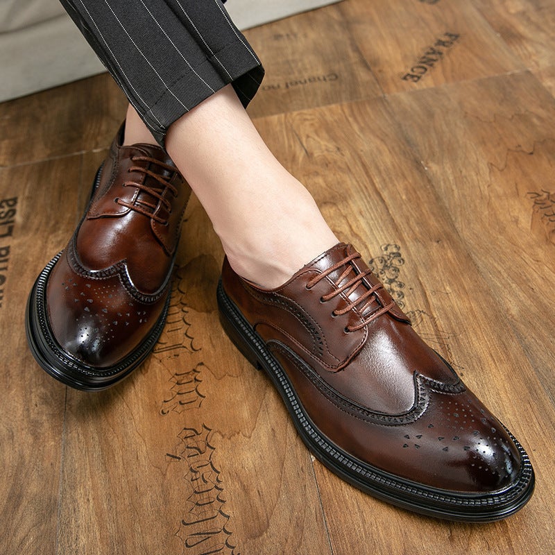 2024 Men'S Black Business Dress Leather Shoes Men'S Platform Casual British-Style Brock Carved Groom Wedding Shoes - Image 4