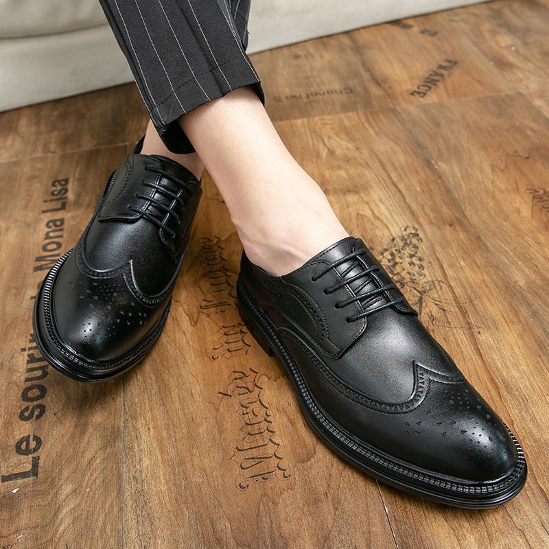 2024 Men'S Black Business Dress Leather Shoes Men'S Platform Casual British-Style Brock Carved Groom Wedding Shoes - Image 3
