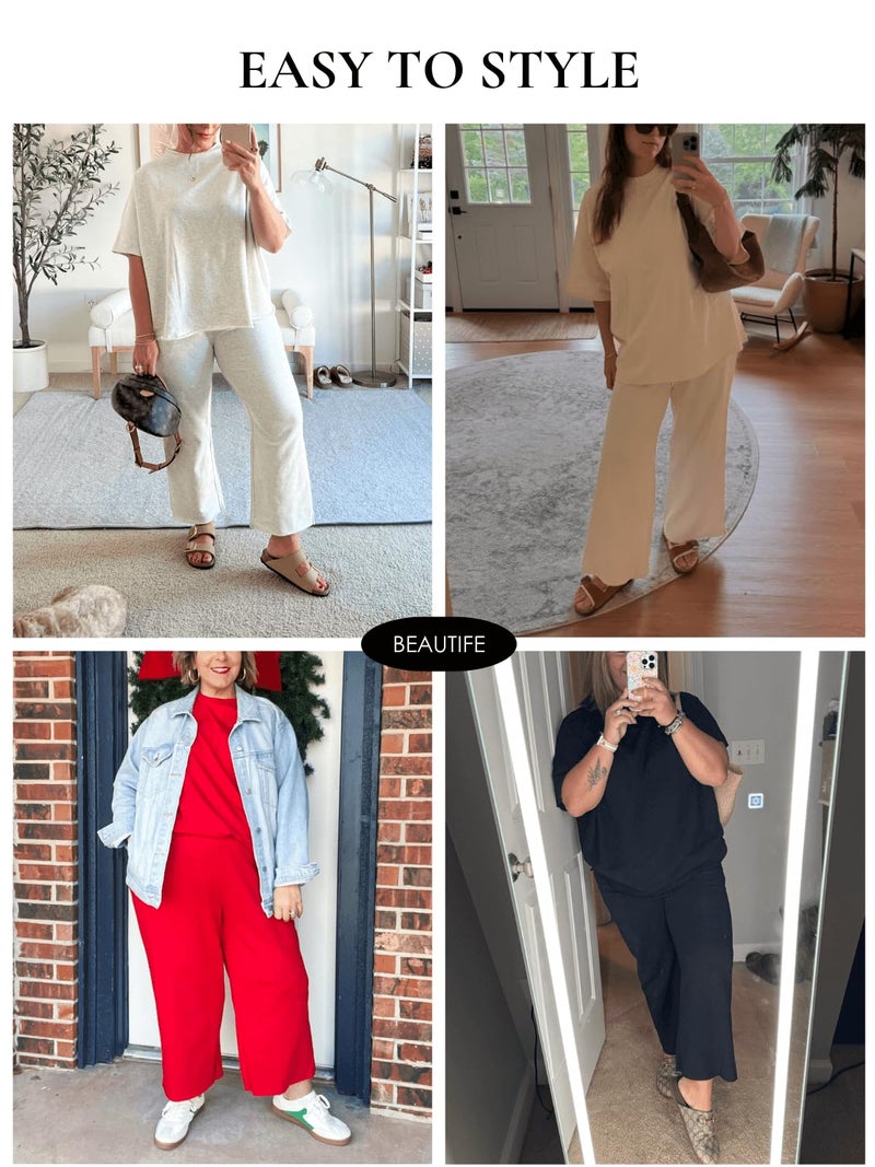 Beautife Women's Plus Size 2 Piece Outfits 3/4 Batwing Sleeve Capelet Crew Neck Pullover Top Wide Leg Pants Lounge Set Apricot - Image 4