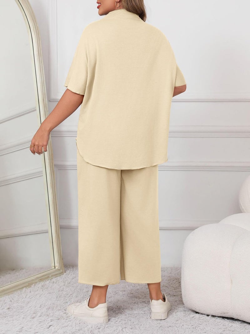 Beautife Women's Plus Size 2 Piece Outfits 3/4 Batwing Sleeve Capelet Crew Neck Pullover Top Wide Leg Pants Lounge Set Apricot - Image 2