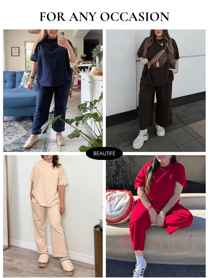 Beautife Women's Plus Size 2 Piece Outfits 3/4 Batwing Sleeve Capelet Crew Neck Pullover Top Wide Leg Pants Lounge Set Apricot - Image 5