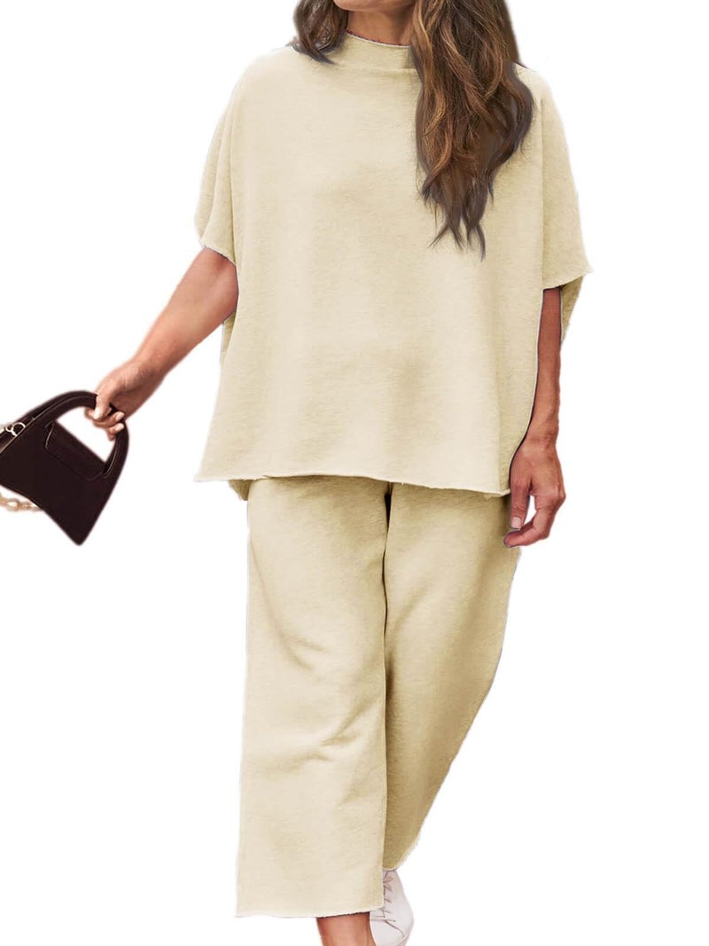 Beautife Women's Plus Size 2 Piece Outfits 3/4 Batwing Sleeve Capelet Crew Neck Pullover Top Wide Leg Pants Lounge Set Apricot - Image 1